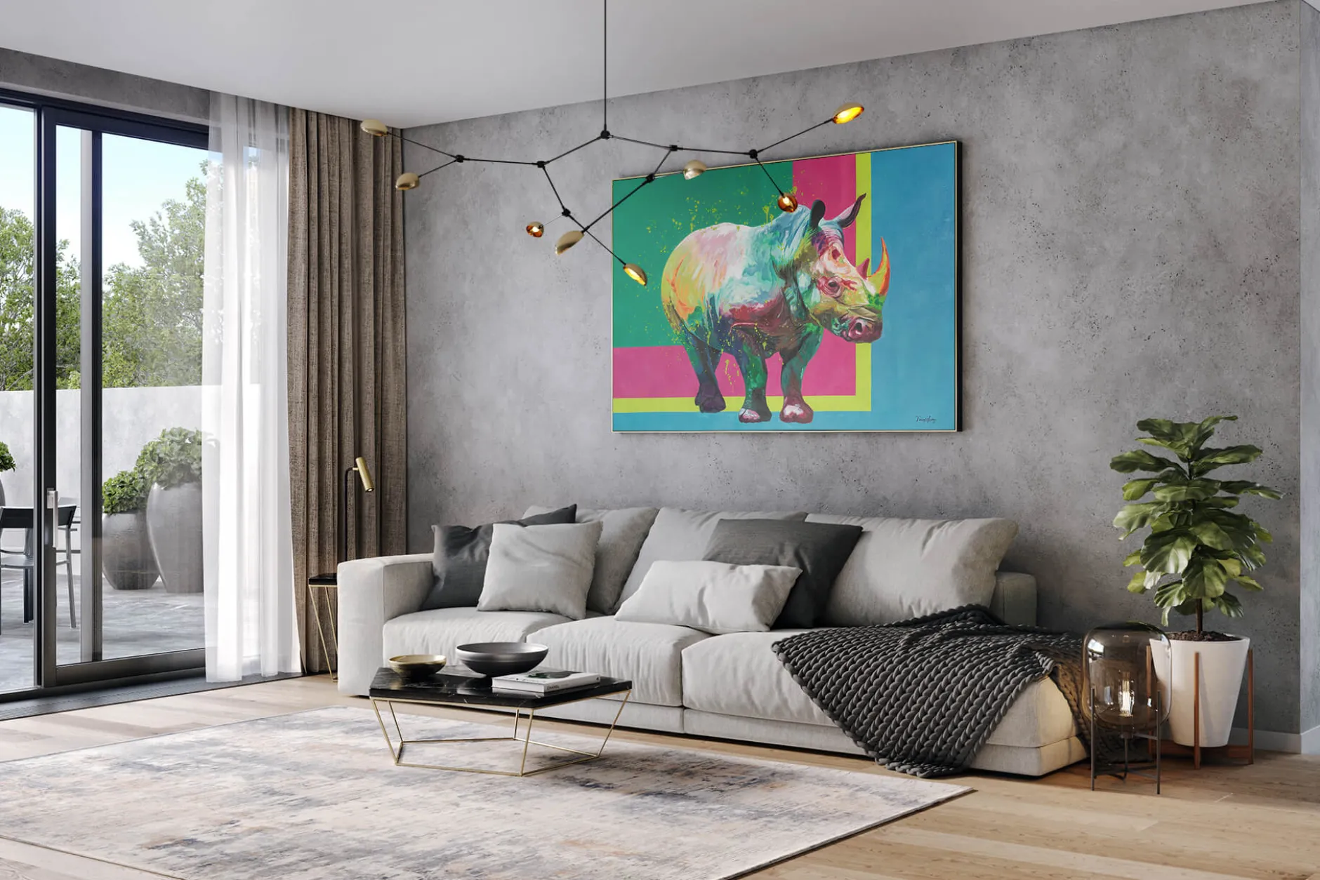 XXL Öl Gemälde 'Rainbow Rhinozeros' | Handgemaltes Unikat