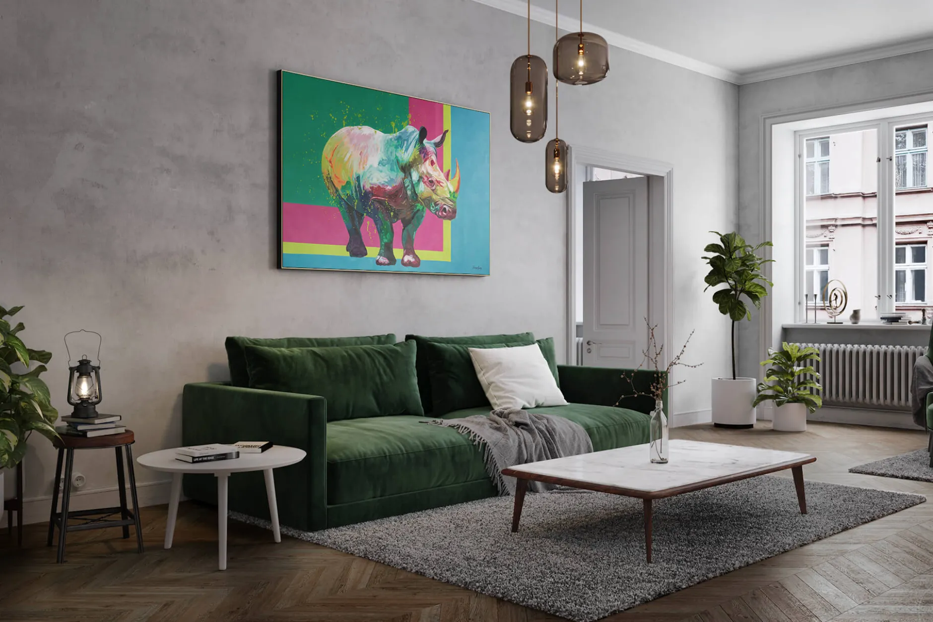 XXL Öl Gemälde 'Rainbow Rhinozeros' | Handgemaltes Unikat