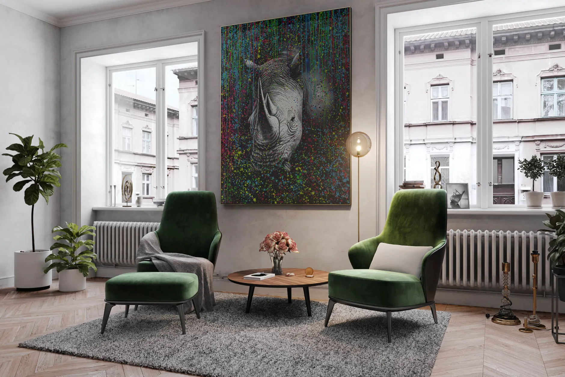 XXL Öl Gemälde 'Rhino Rainbow' | Handgemaltes Unikat
